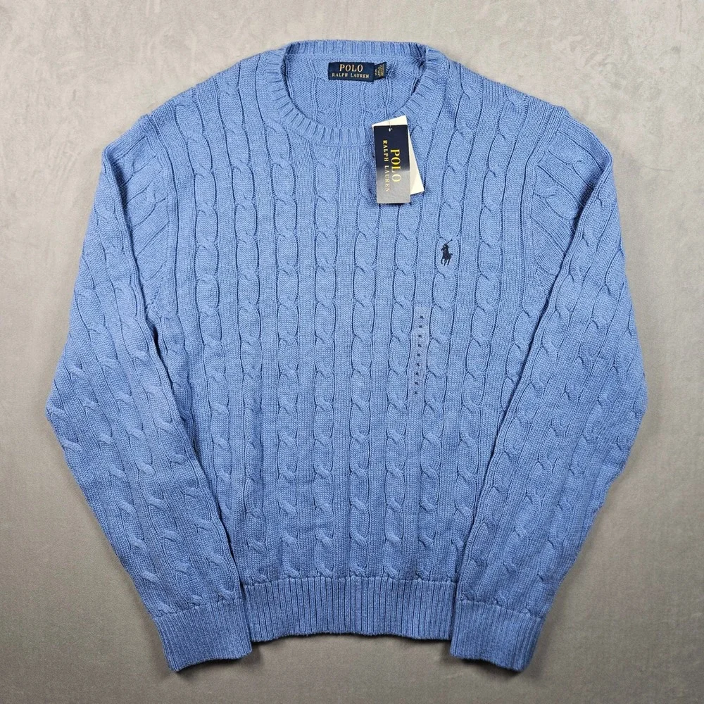 NEW Polo Ralph Lauren Sweater Mens XL Blue Cable Knit Cotton Crew Neck MSRP $110